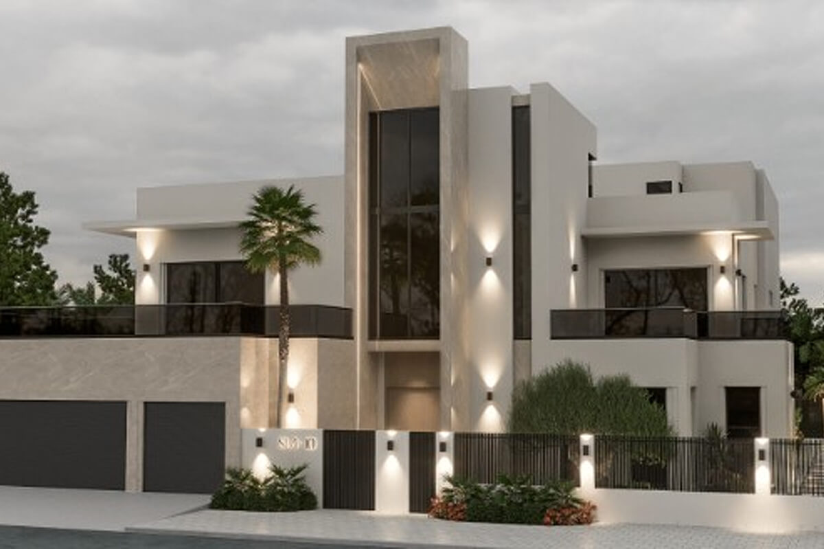 Modernes, mehrstöckiges Wohnhaus mit großen Fenstern, zwei Garagentoren, Palmen und Außenbeleuchtung bei Dämmerung